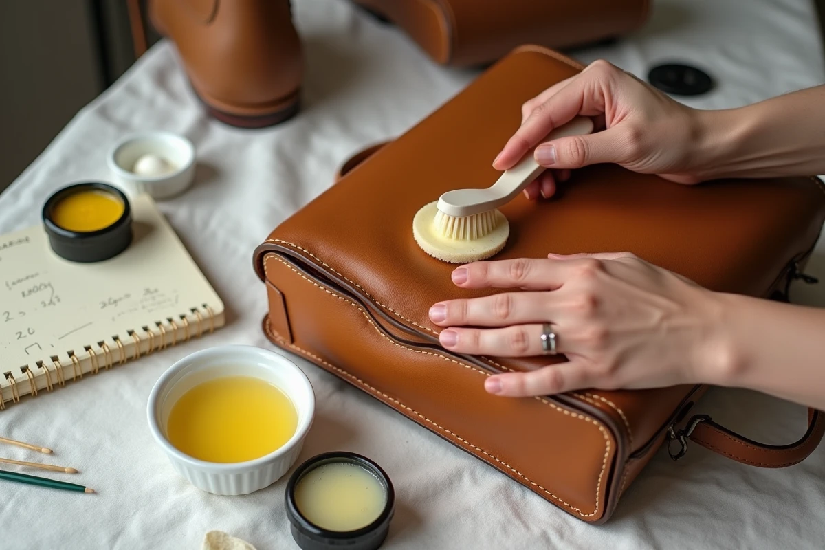 Mains rénovant un sac en cuir abîmé avec des ingrédients maison économiques sur une table de cuisine