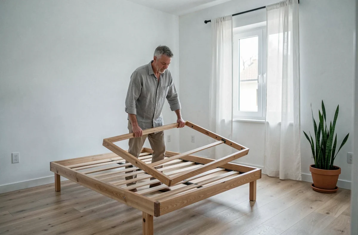 Homme repositionnant son lit dans une chambre minimaliste selon les recommandations du Feng Shui pour améliorer l'harmonie de l'espace