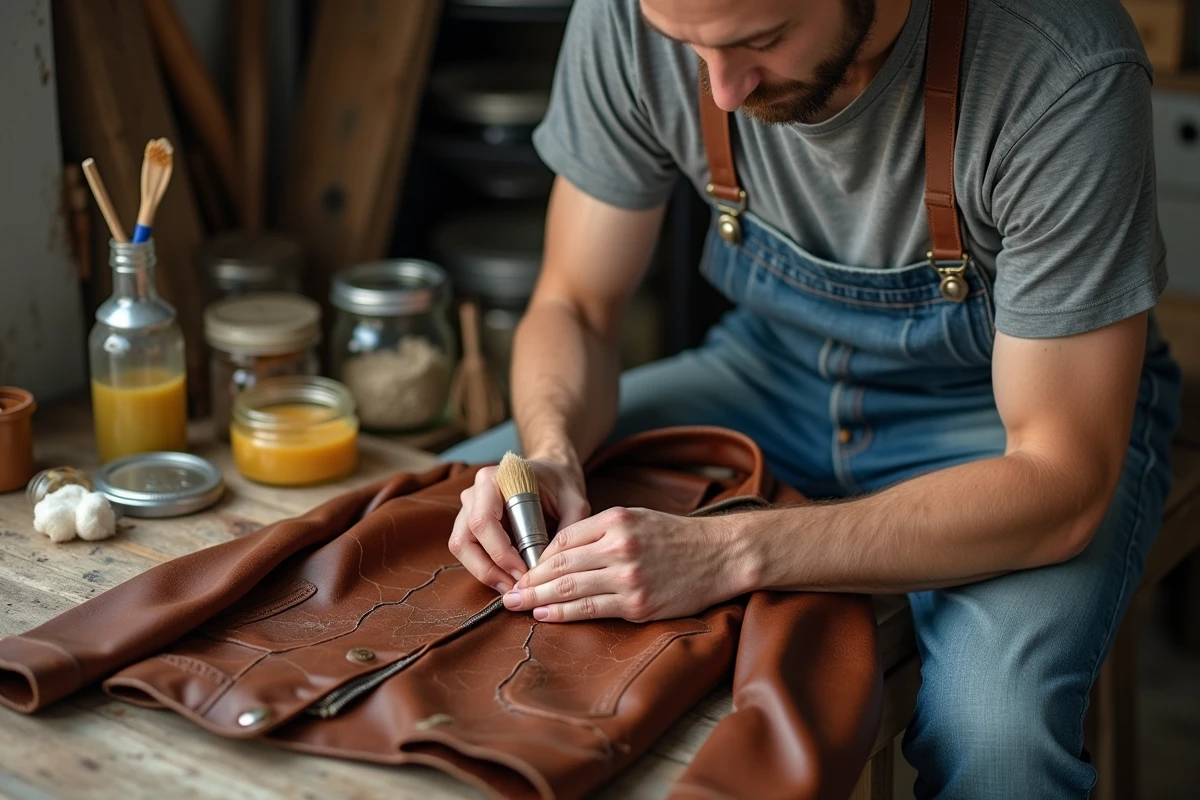 Homme restaurant une vieille veste en cuir dans un atelier avec des alternatives maison aux kits de rénovation