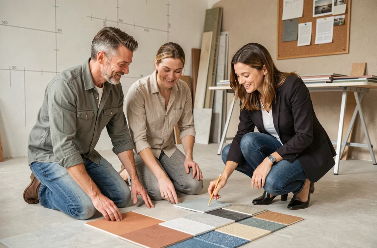 Couple et décoratrice d'intérieur comparant des échantillons de matériaux lors d'une réunion de projet de rénovation dans un appartement à Lille