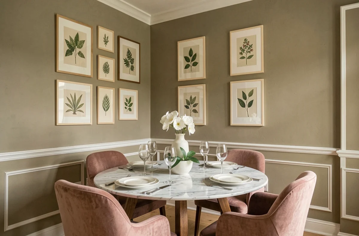 Salle à manger équilibrée en teinte greige avec chaises rose poudré et table en marbre, harmonie des couleurs réussie