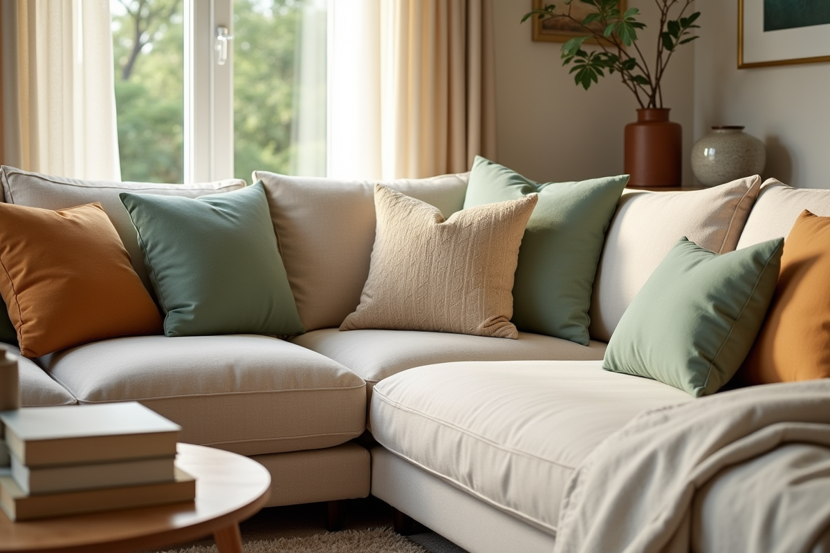 Coin salon avec canapé beige et coussins assortis