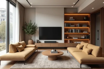 Salon moderne entièrement relooké avec un canapé d'angle beige, une table basse en bois et un meuble TV design style magasin BUT