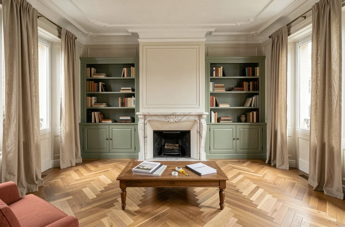 Salon rénové de style haussmannien à Lille avec parquet en chevrons, bibliothèque vert sauge et cheminée en marbre restaurée par une agence de décoration