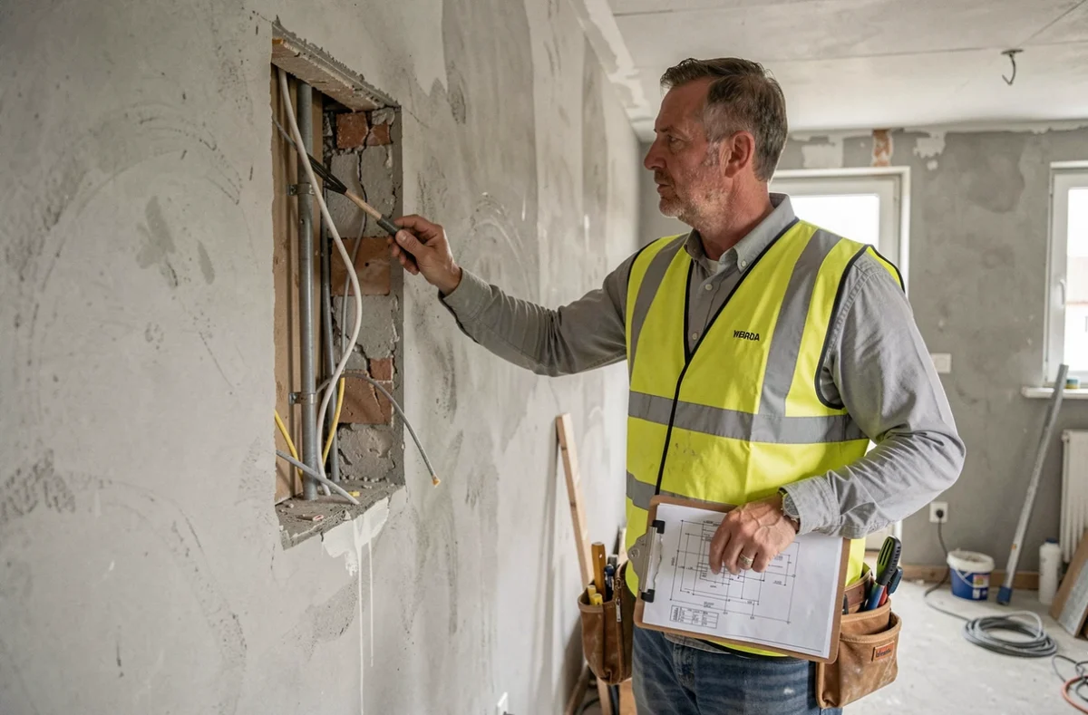Entrepreneur de Sarl Ece inspectant une cloison en cours de rénovation avec câblage apparent dans une maison du Maine-et-Loire