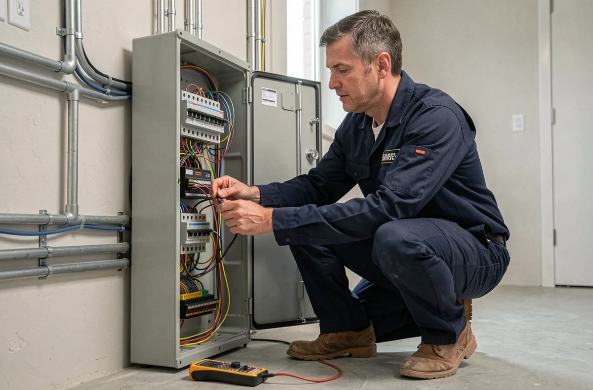 Électricien de Sarl Thelect raccordant des câbles dans un tableau électrique d'une propriété rénovée en Anjou