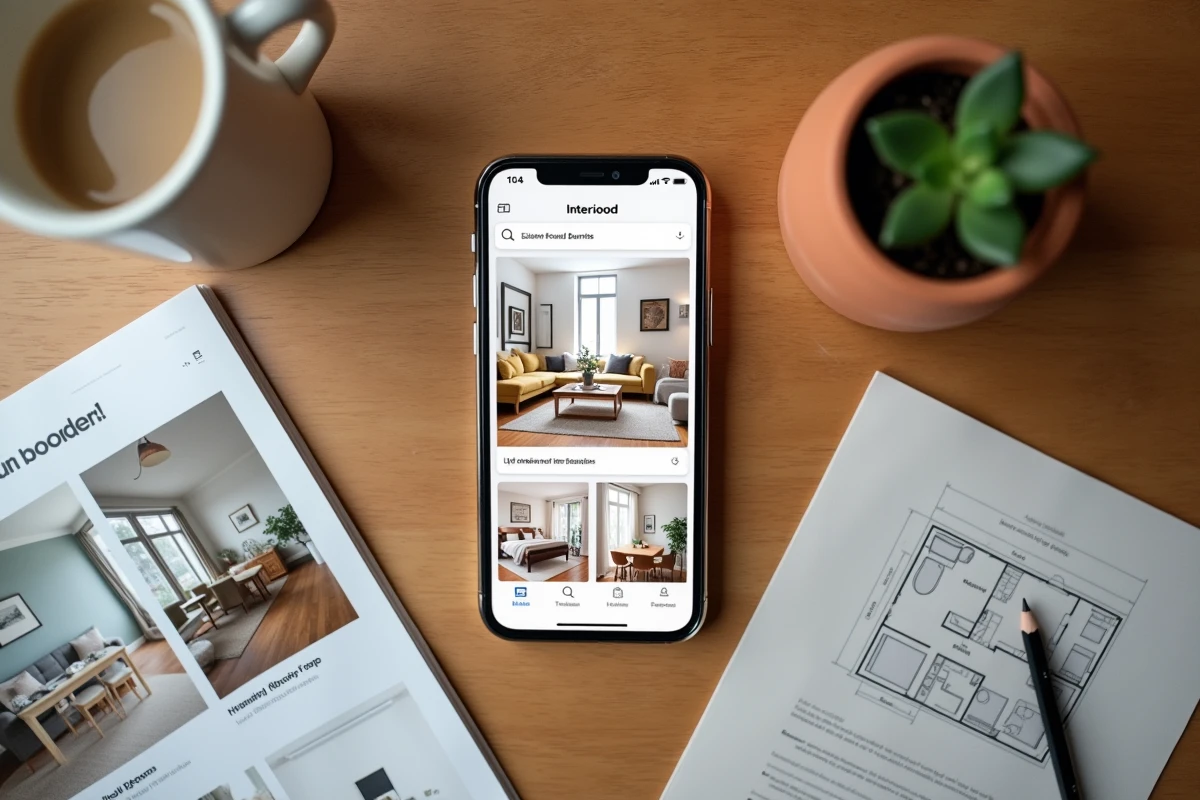 Smartphone affichant une application de décoration intérieure entouré de magazines et d'un plan de pièce dessiné à la main