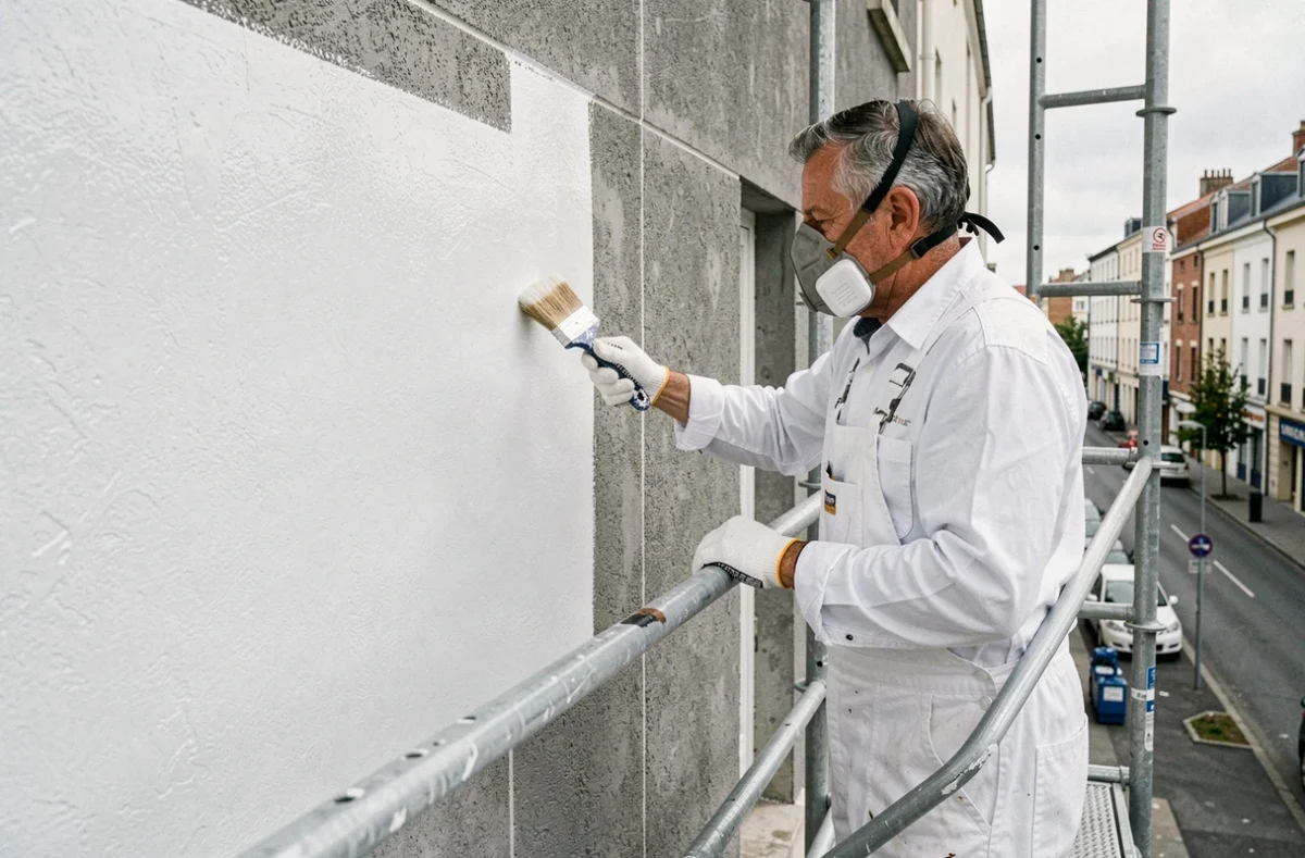 Peintre SNEF IDF appliquant de la peinture extérieure sur la façade d'un immeuble en Seine-Saint-Denis