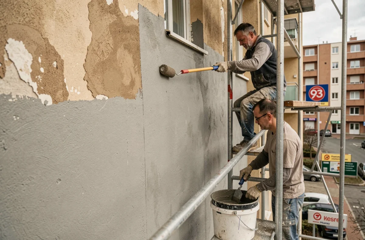 Équipe Sotram Bâtiment appliquant un enduit de ravalement sur un immeuble résidentiel du département 93
