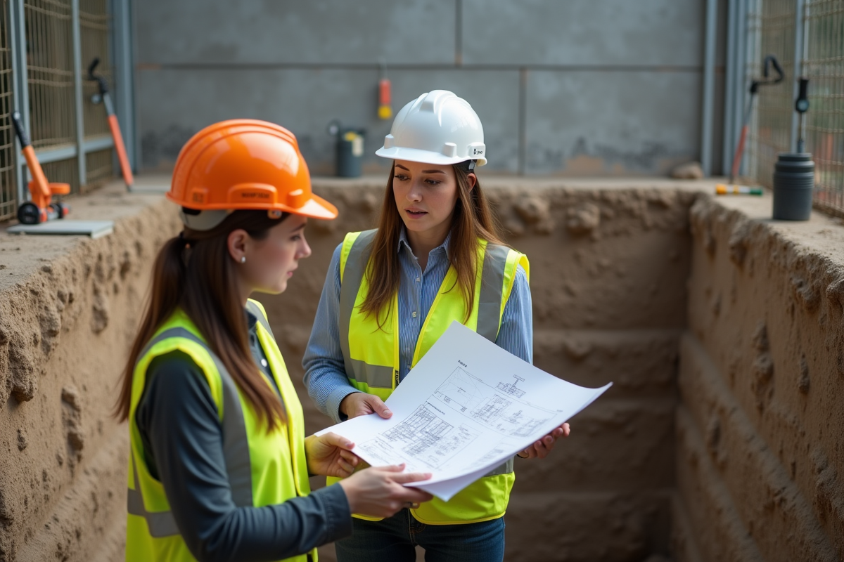 Superviseure avec plans discutant dans un sous-sol neuf
