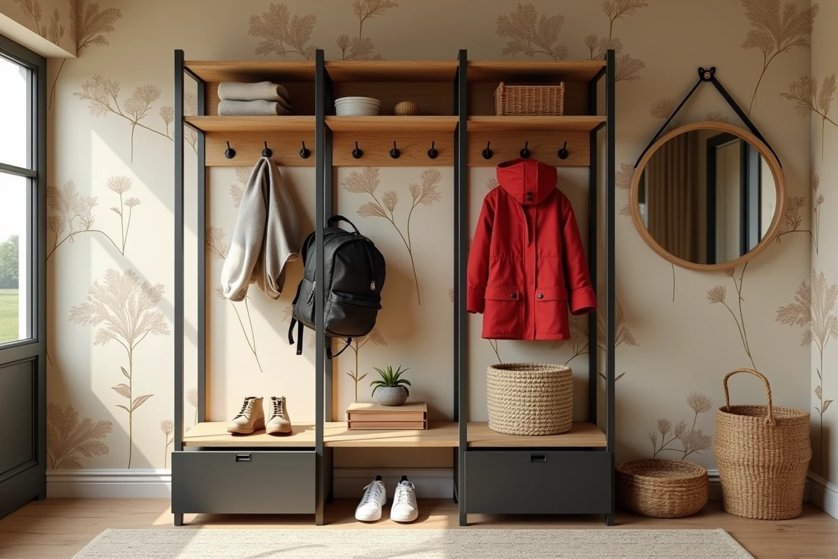 Système de porte-manteau mural modulaire en acier noir et pin naturel dans une entrée familiale organisée et accueillante