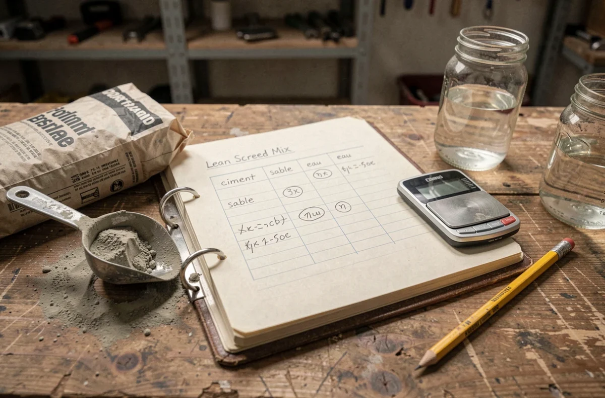 Tableau de dosage manuscrit pour chape maigre posé sur un établi avec outils de mesure et sac de ciment
