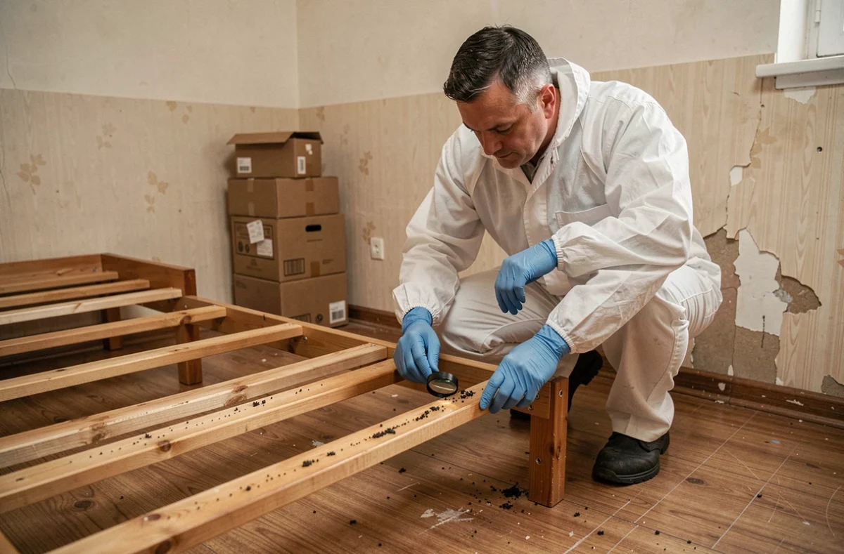 Technicien en désinsectisation inspectant un cadre de lit démontré à la loupe pour détecter des punaises de lit