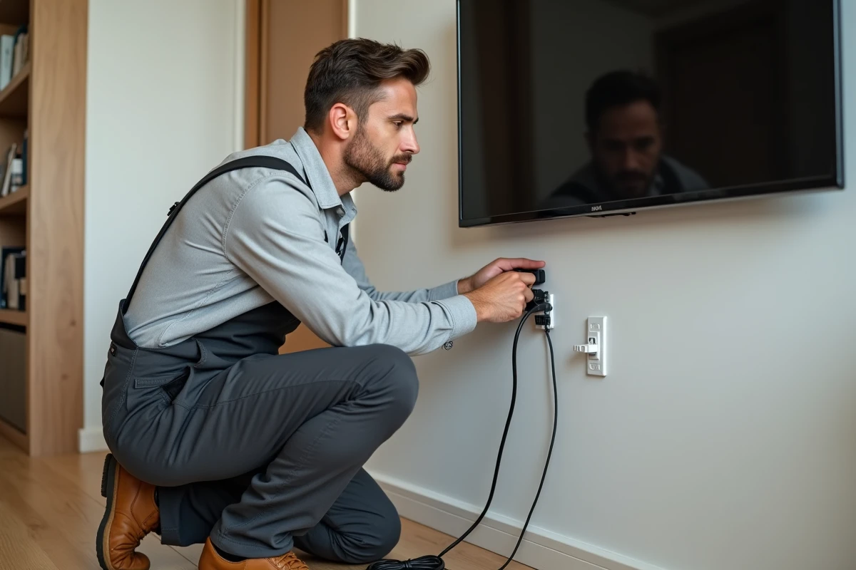 Technicien installant une prise TV murale derrière un téléviseur accroché au mur dans un salon moderne