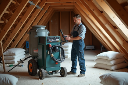 Technicien en overalls utilisant une machine à souffler l'isolation cellulose dans un grenier