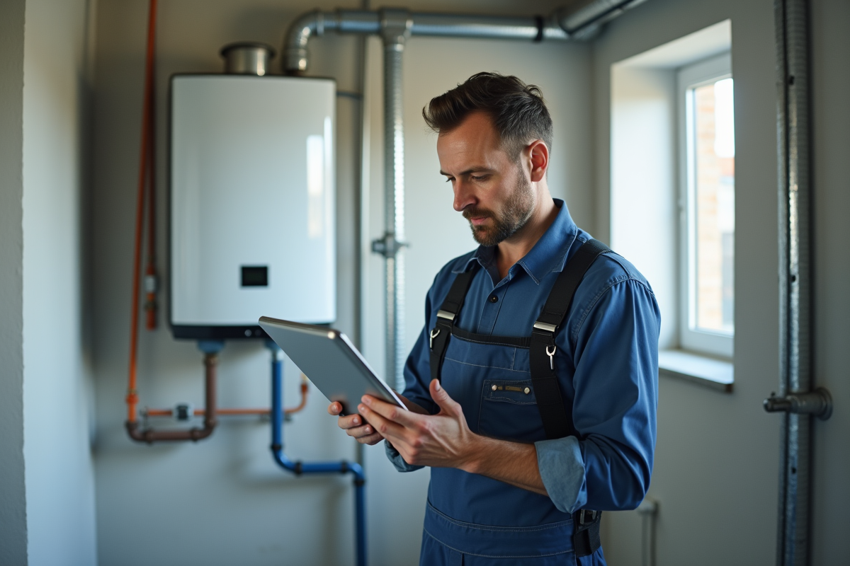 Technicien inspectant un chauffe-eau solaire dans une pièce