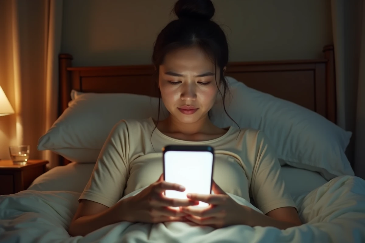 Femme assise dans son lit consultant son téléphone lumineux dans le noir, mauvaise habitude nuisant au sommeil