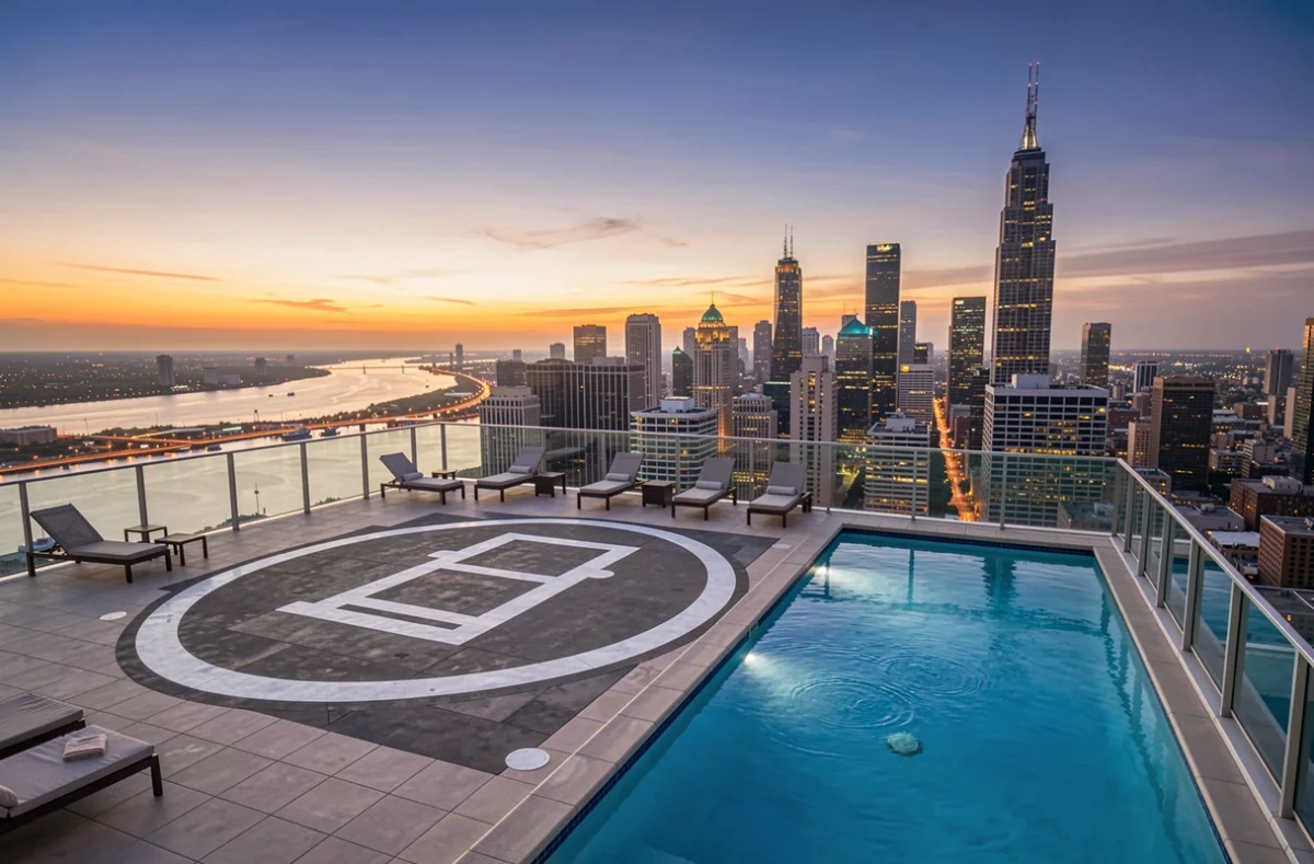Terrasse sur le toit d'une tour avec piscine et vue sur la ville