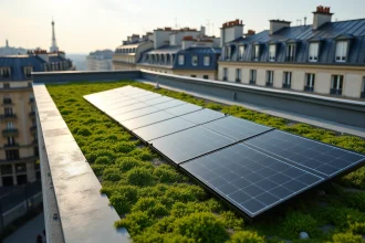 Toiture végétalisée avec panneaux solaires photovoltaïques sur un bâtiment urbain parisien pour améliorer la performance énergétique