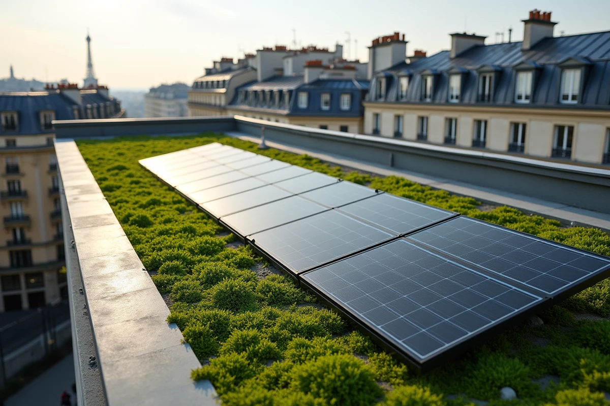 Toiture végétalisée avec panneaux solaires photovoltaïques sur un bâtiment urbain parisien pour améliorer la performance énergétique