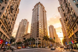Tour résidentielle de luxe au coucher du soleil dans une grande ville