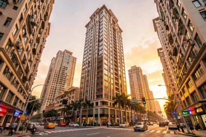 Tour résidentielle de luxe au coucher du soleil dans une grande ville