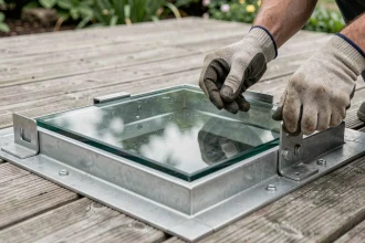 Inspection d'une trappe de sol en verre avec cadre métallique et charnières, vérification des normes de charge sur une terrasse en bois