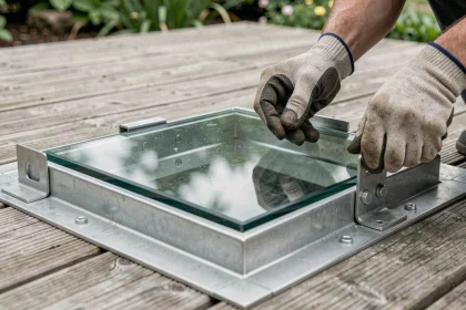 Inspection d'une trappe de sol en verre avec cadre métallique et charnières, vérification des normes de charge sur une terrasse en bois