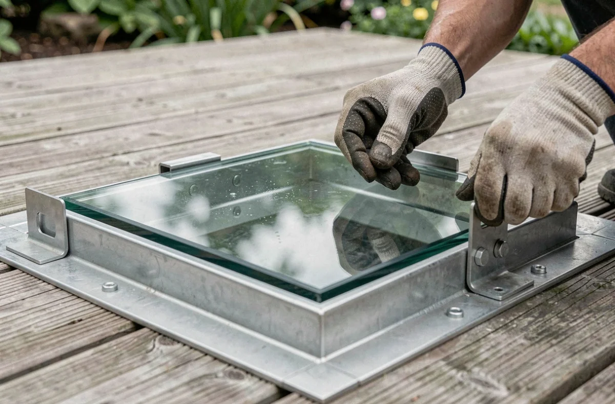 Inspection d'une trappe de sol en verre avec cadre métallique et charnières, vérification des normes de charge sur une terrasse en bois