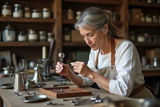 Femme experte examinant un poinçon argent sur une cuillère en métal argenté avec une loupe de bijoutier sur un établi d'antiquaire
