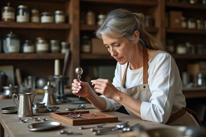 Femme experte examinant un poinçon argent sur une cuillère en métal argenté avec une loupe de bijoutier sur un établi d'antiquaire