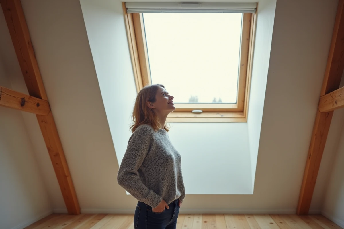 Femme observant une fenêtre de toit VELUX ouverte depuis l'intérieur d'une pièce mansardée avec poutres apparentes