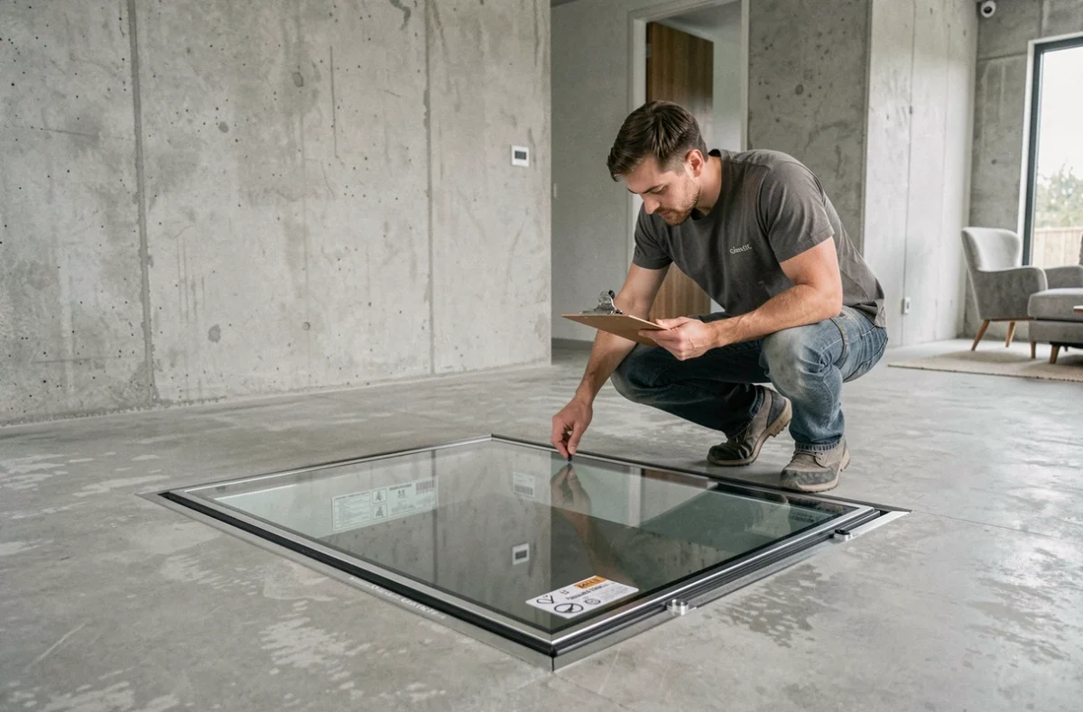 Deux professionnels vérifiant les normes de charge d'une trappe de sol en verre dans un intérieur contemporain en béton