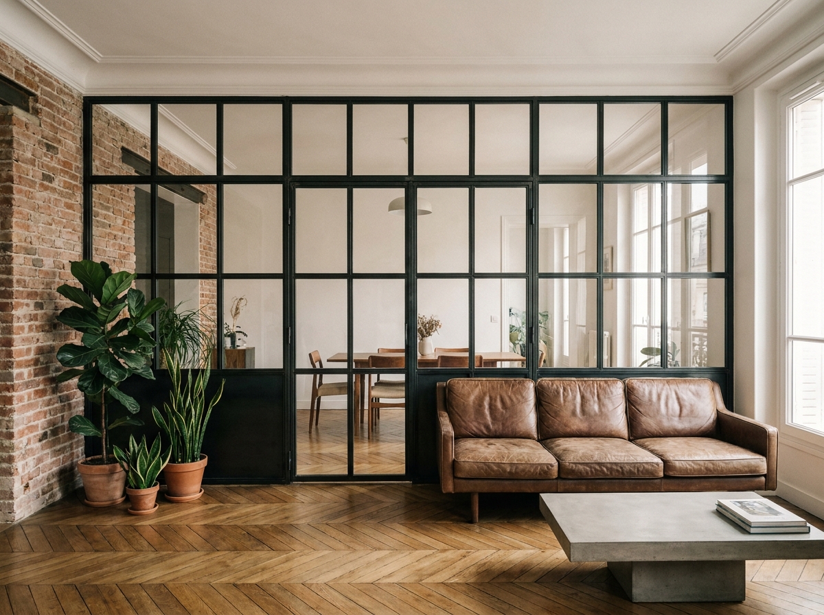 Verrière industrielle en acier noir séparant salon et salle à manger dans un appartement haussmannien rénové