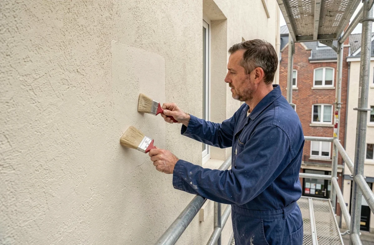 Peintre Viera Ravalement appliquant un enduit de façade texturé sur un immeuble dans le 93