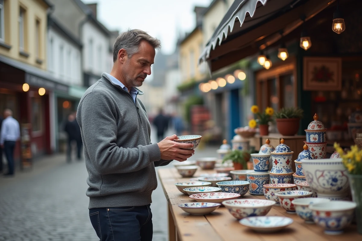 Visiteur admirant une faïence Quimper sur un marché en plein air avec la cathédrale Saint-Corentin en arrière-plan