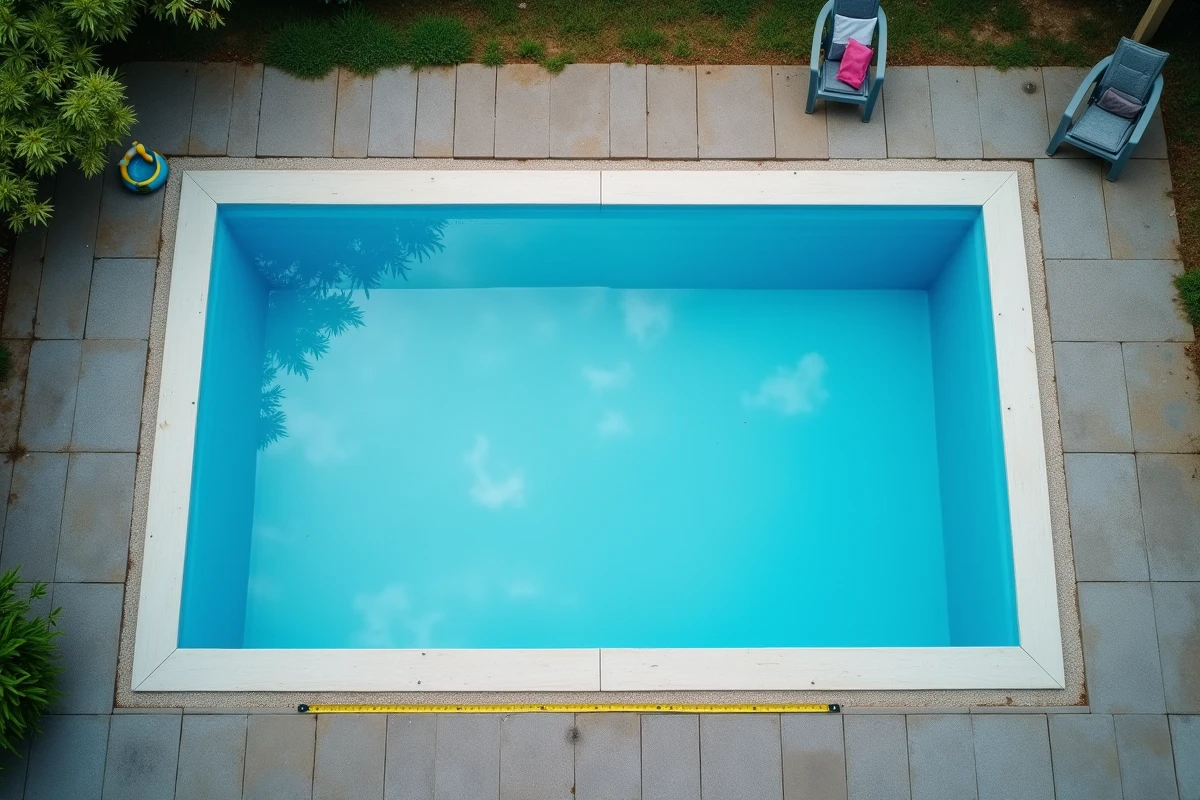 Vue aérienne d'une grande piscine hors sol rectangulaire sur une terrasse pavillonnaire avec mètre ruban pour mesure réglementaire